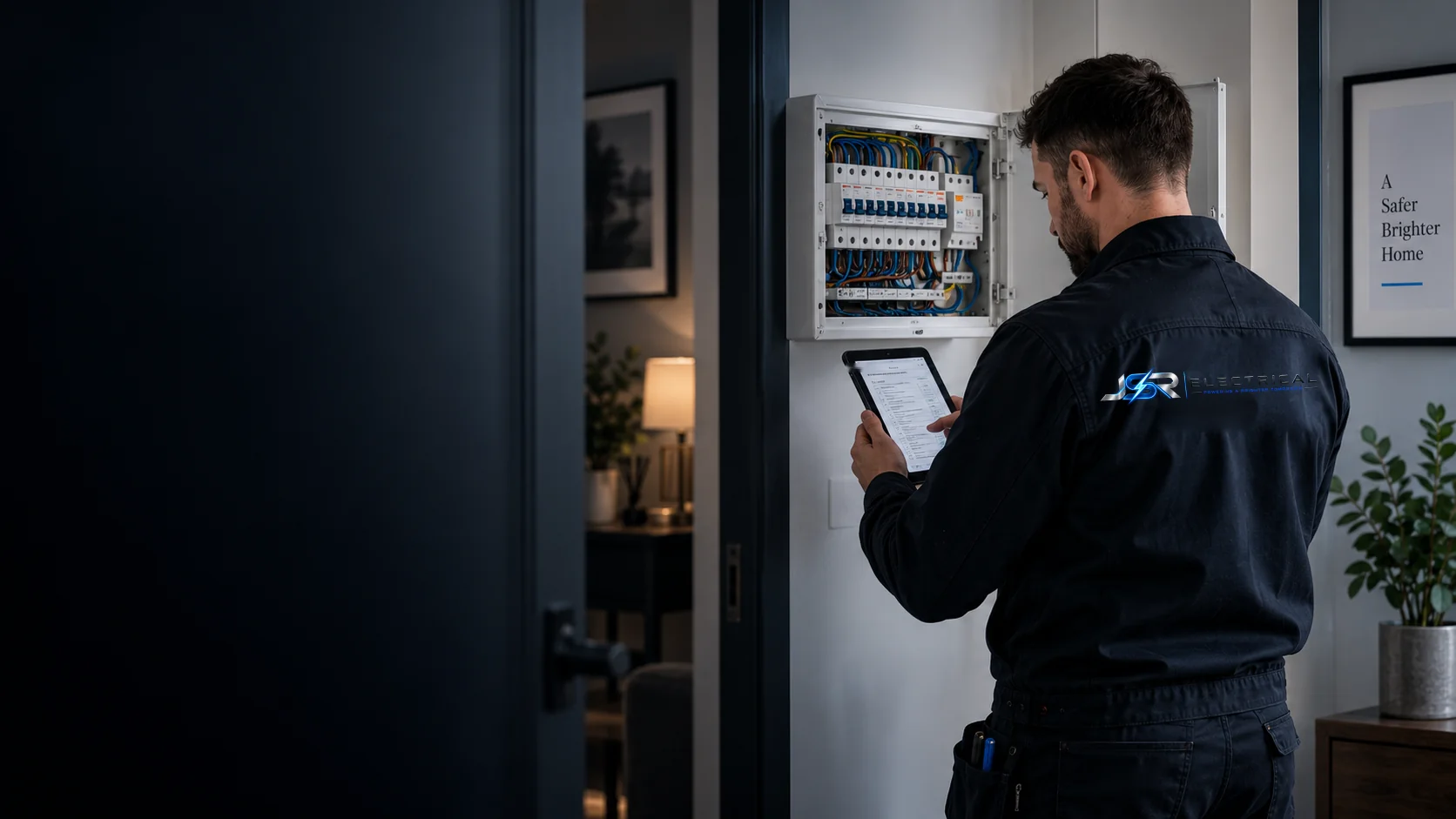 JSR electrician recording EICR inspection details beside a consumer unit