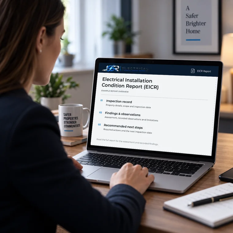 Electrical Installation Condition Report being reviewed on a laptop