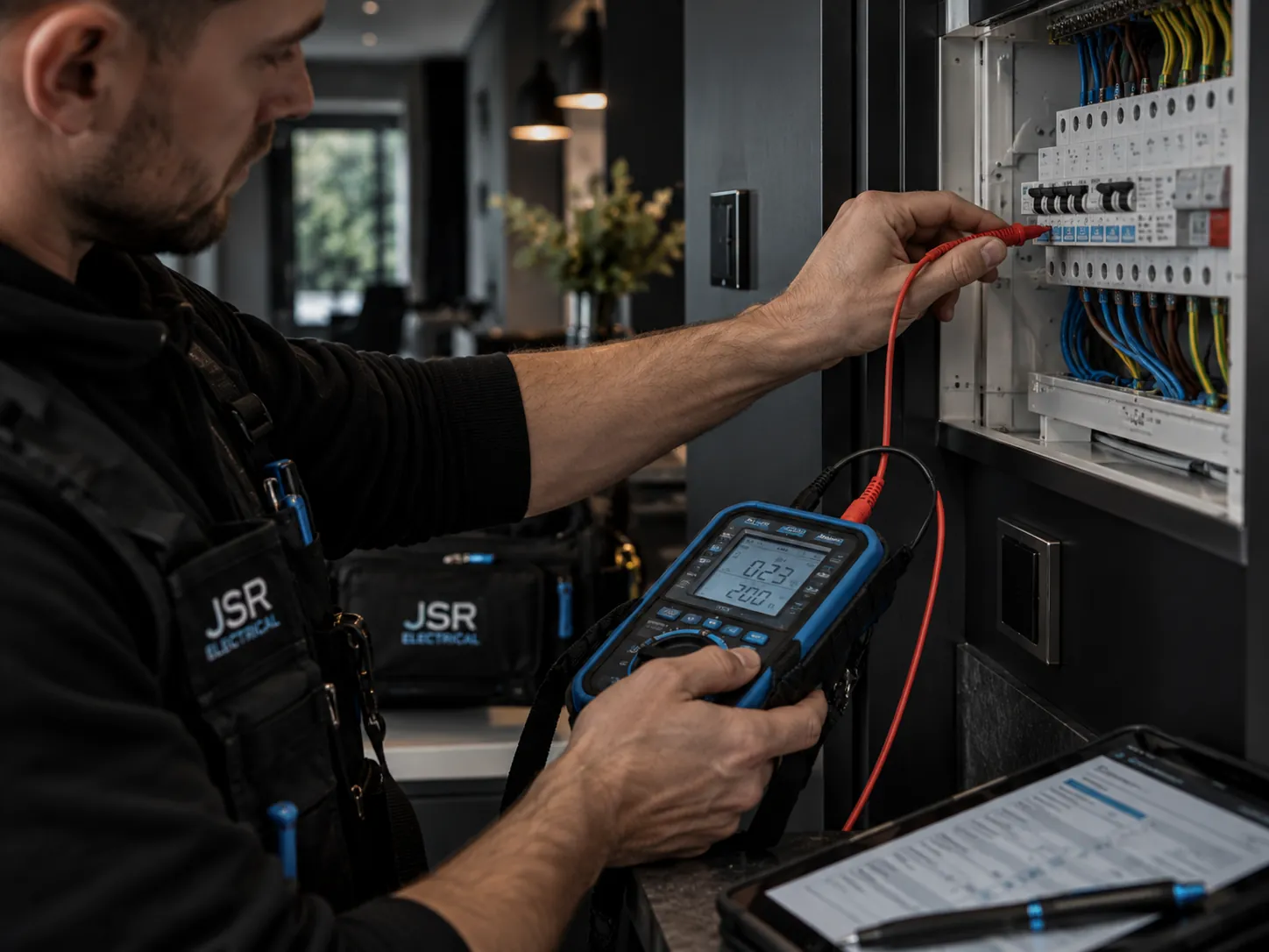 Electrician carrying out detailed testing at a consumer unit